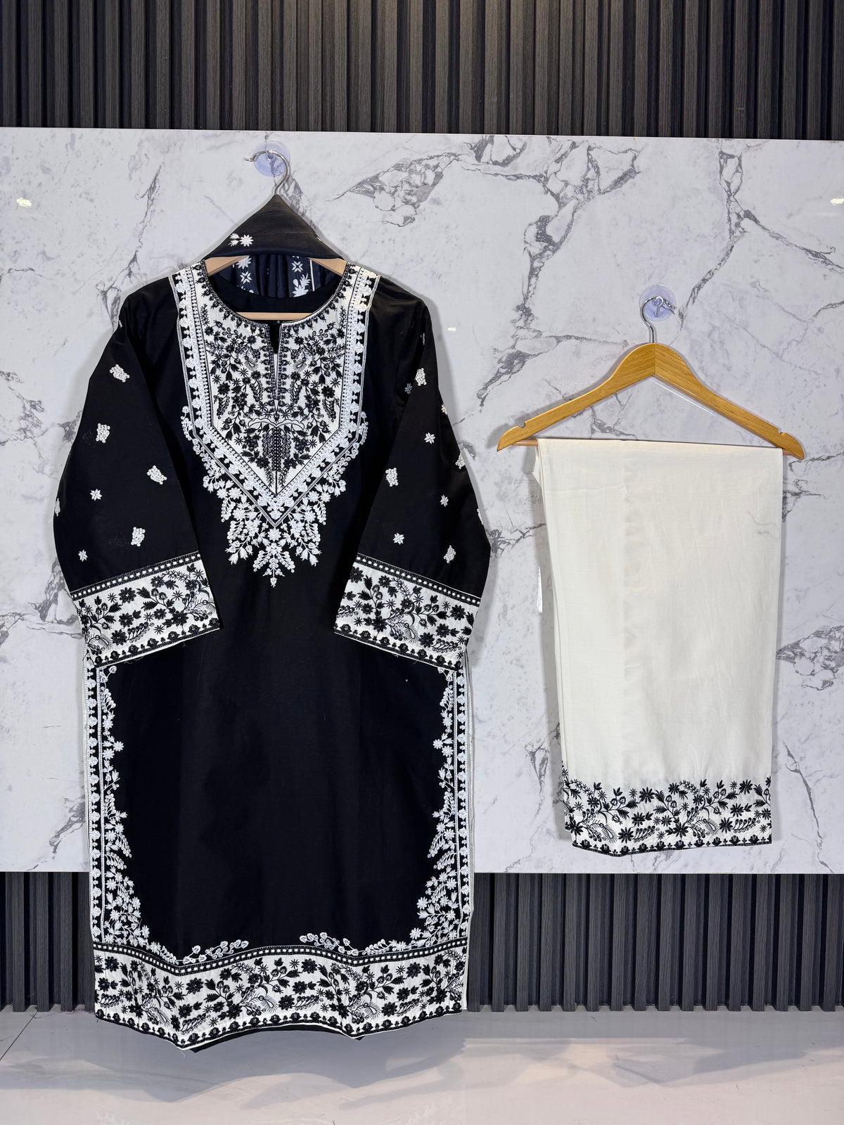 3 Piece Winter Cambric Embroidered Suit