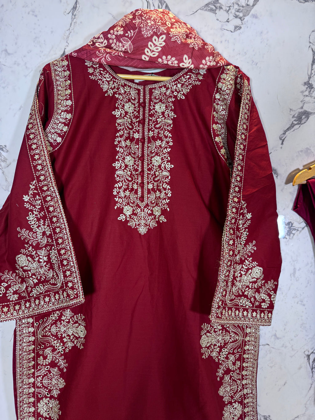 3 Piece Winter Cambric Embroidered Suit