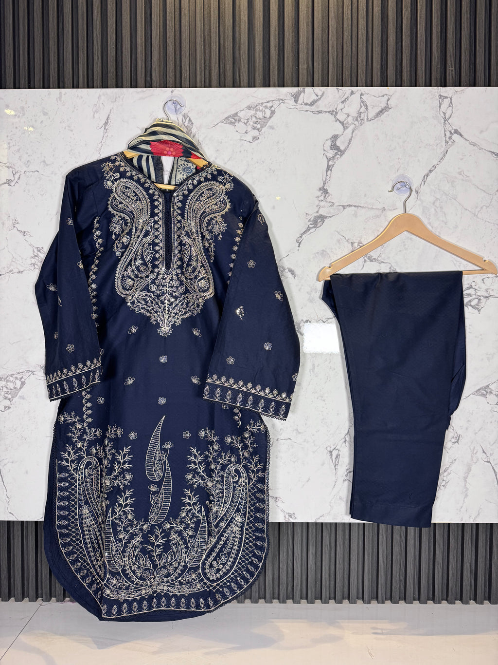 3 Piece Winter Cambric Embroidered Suit
