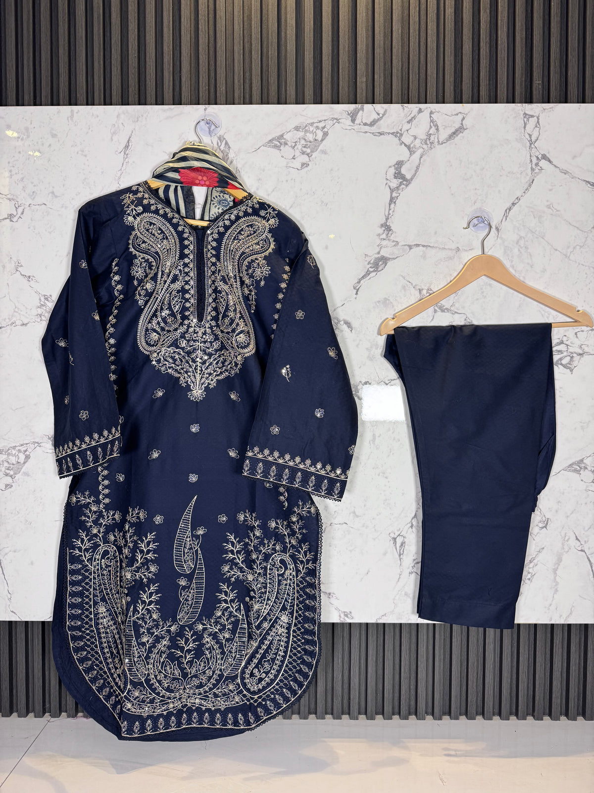 3 Piece Winter Cambric Embroidered Suit
