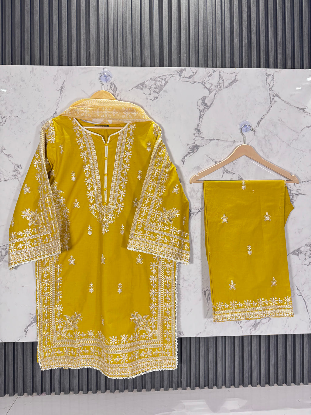 3 Piece Winter Cambric Embroidered Suit
