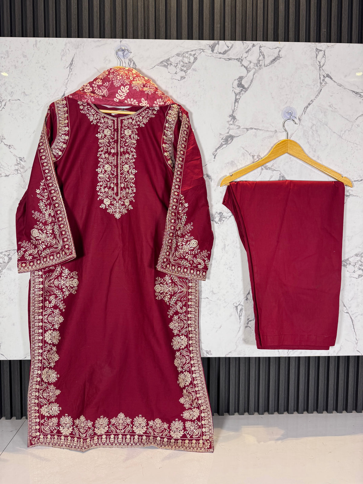 3 Piece Winter Cambric Embroidered Suit