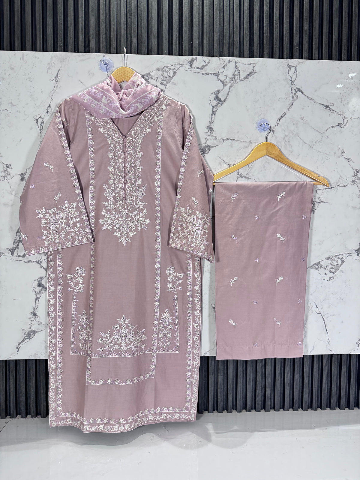 3 Piece Winter Cambric Embroidered Suit