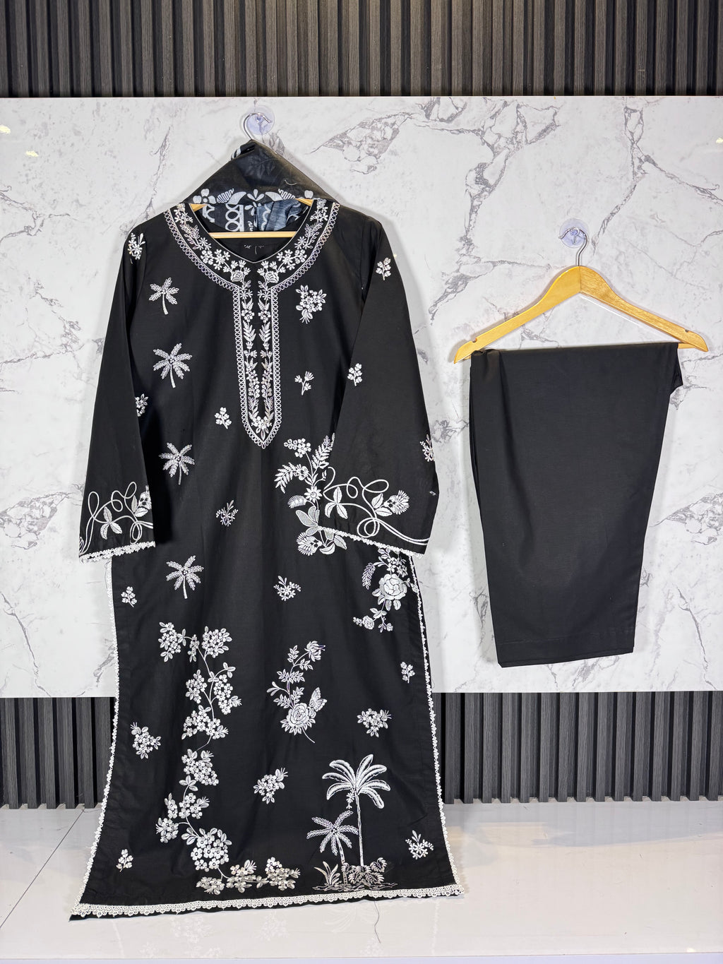 3 Piece Winter Cambric Embroidered Suit