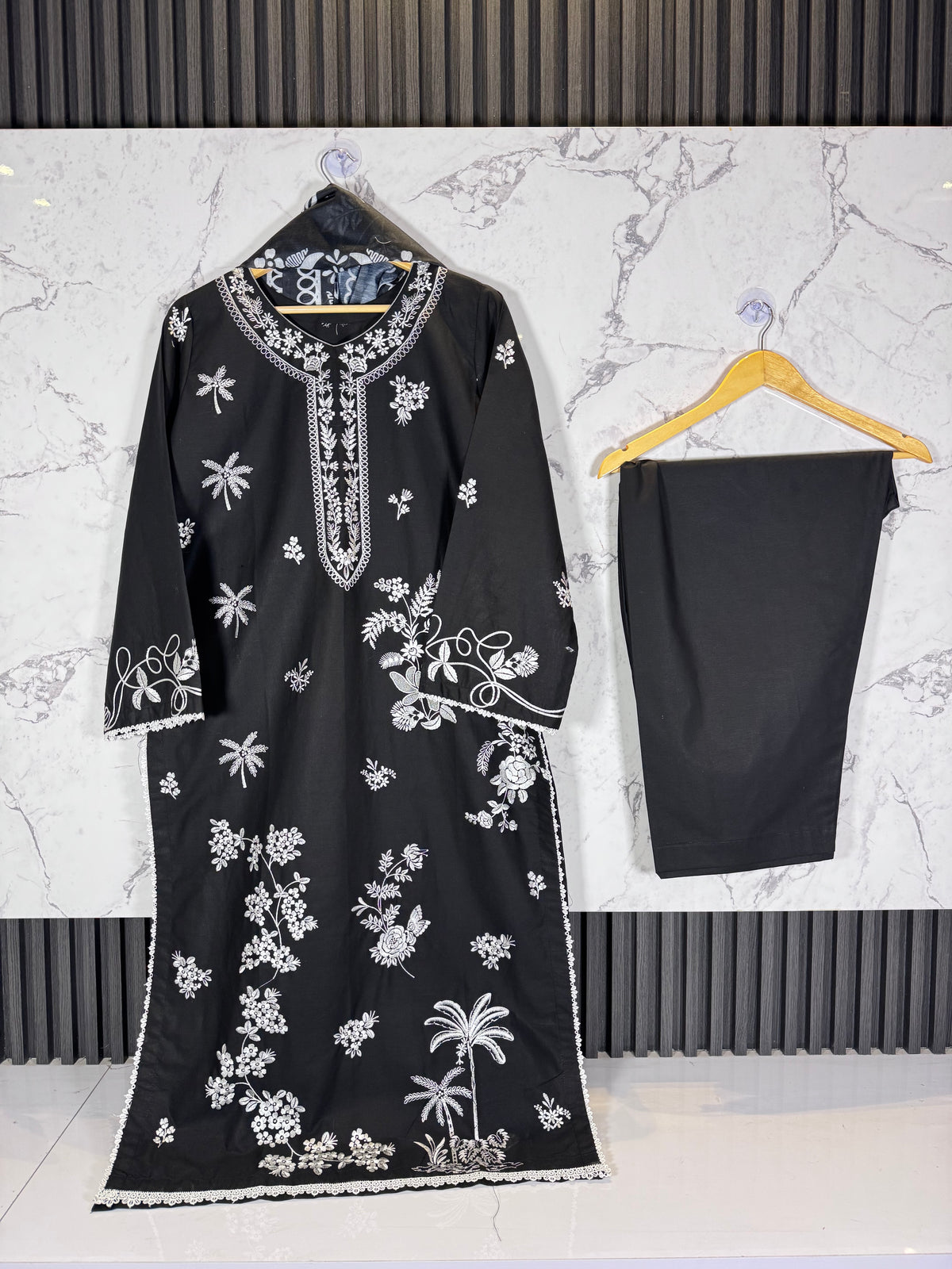 3 Piece Winter Cambric Embroidered Suit