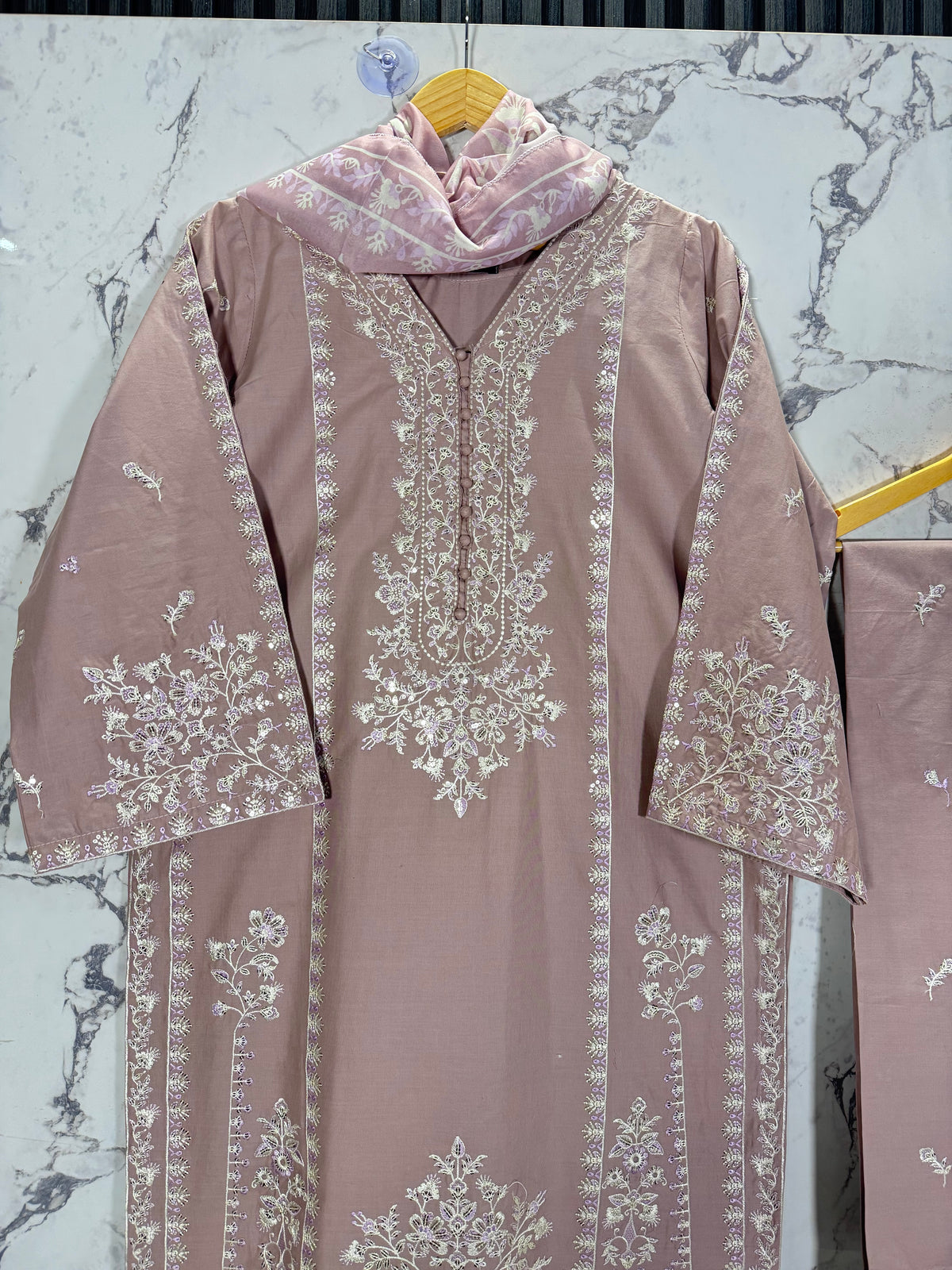3 Piece Winter Cambric Embroidered Suit
