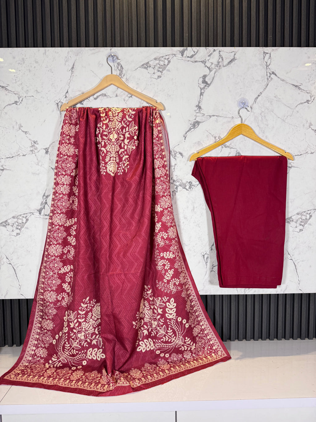 3 Piece Winter Cambric Embroidered Suit