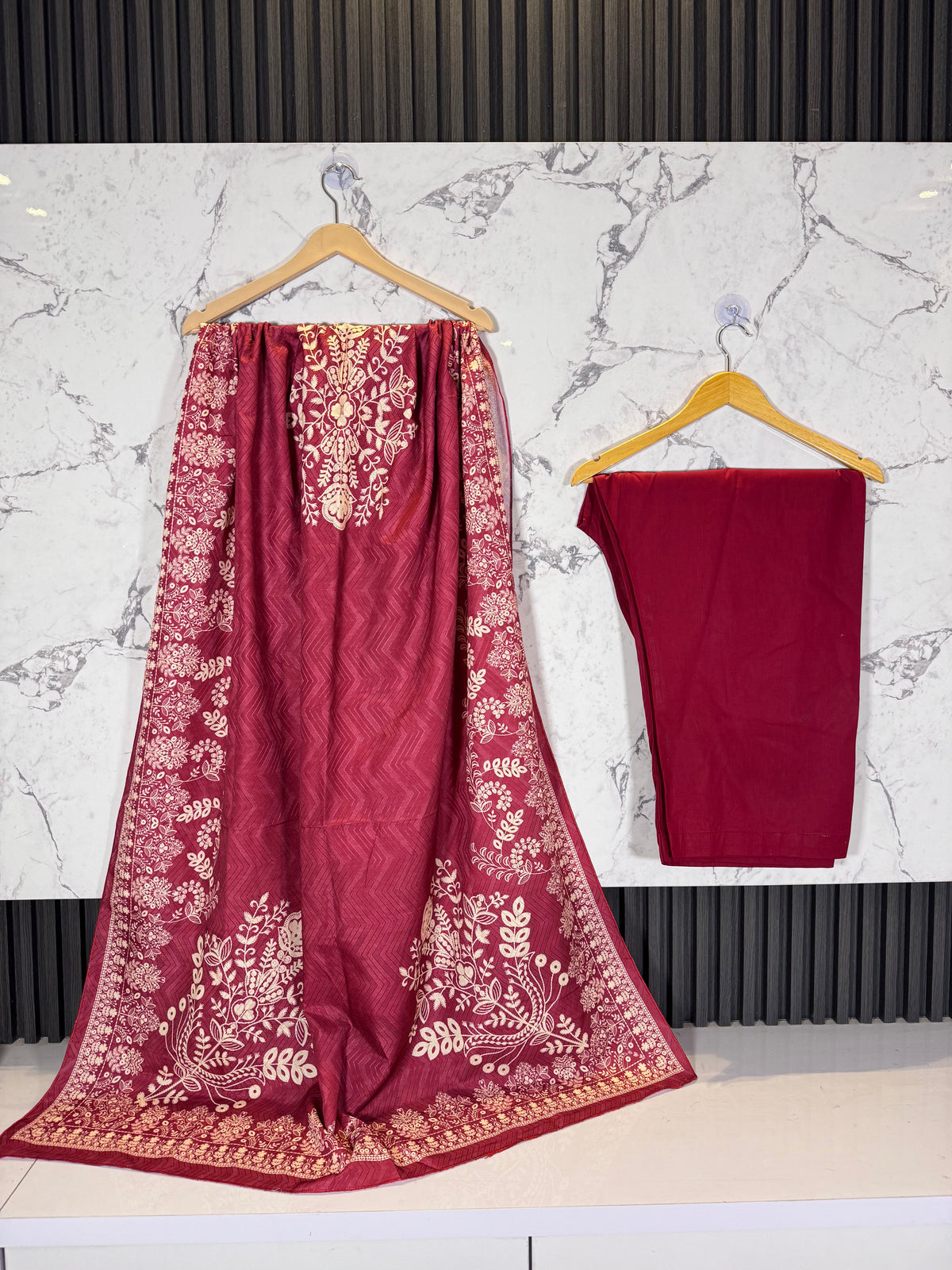 3 Piece Winter Cambric Embroidered Suit