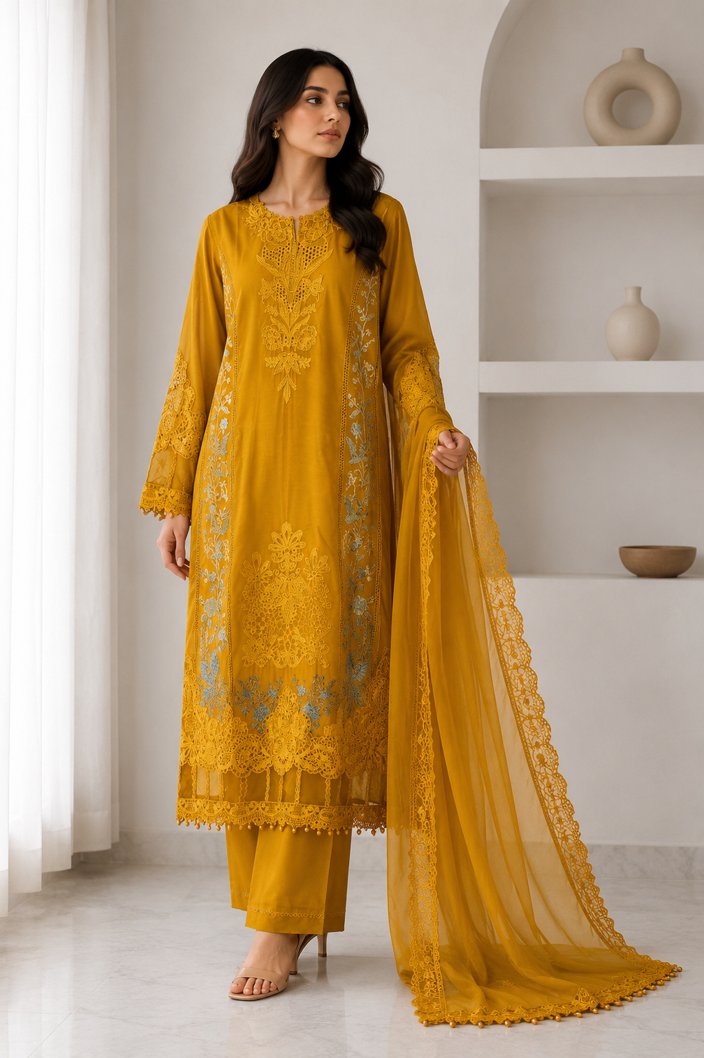3 Piece Viscous Embroidered Suit