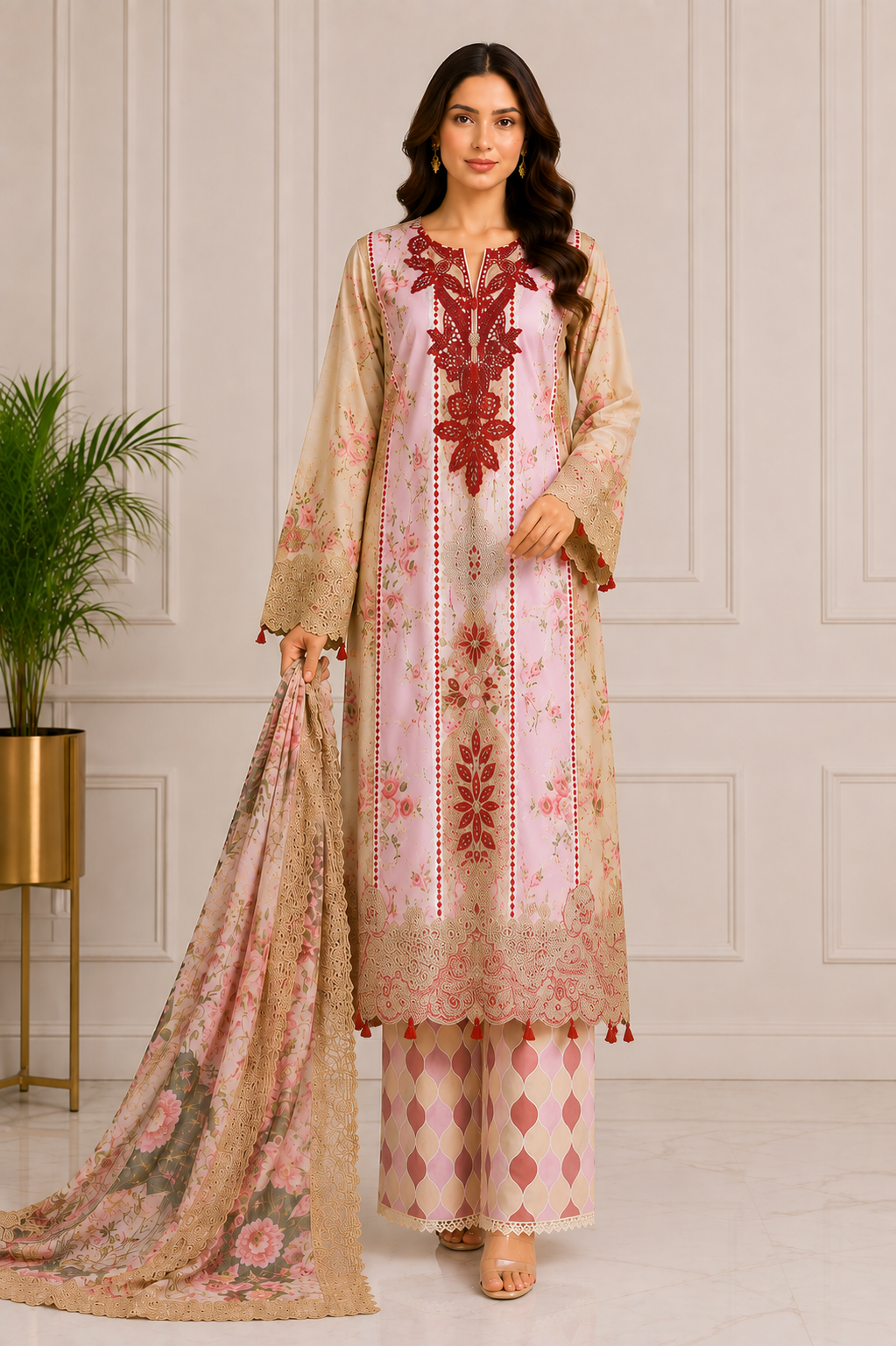 3 Piece Embroidered Patch Work Lawn suit