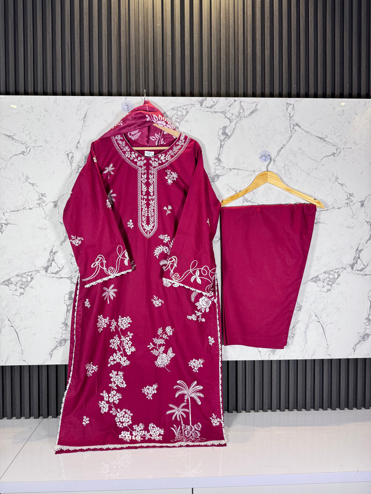 3 Piece Winter Cambric Embroidered Suit